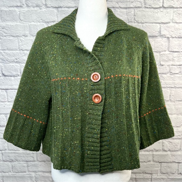 Ruff Hewn Sweaters - Vintage Ruff Hew Women's Green 3/4 Sleeve Cropped Cardigan Sweater Size XL